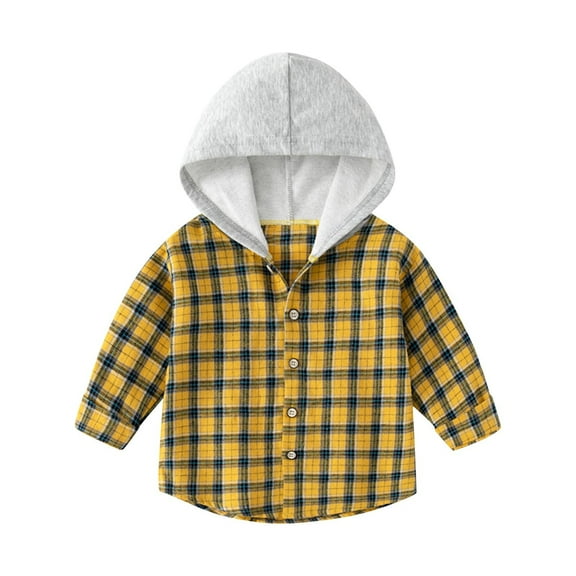 Odeerbi Toddler Boys Girls Winter Coat Plaid Shacket Jacket Warm Outerwear Overcoat Fashion Casual Long Sleeve Hooded Checkered Jacket Yellow