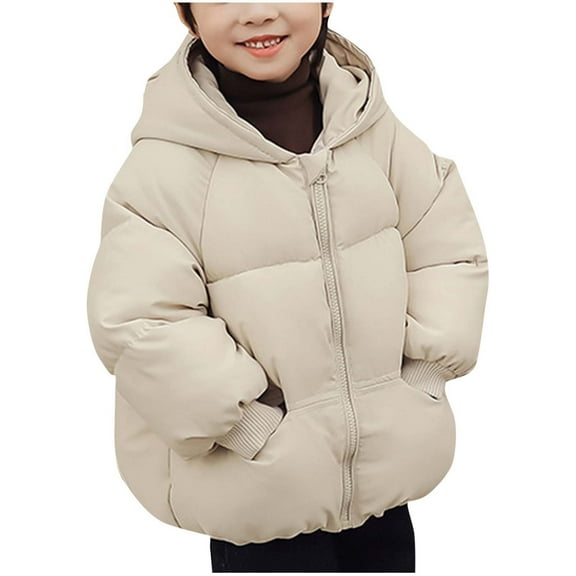 Odeerbi Toddler Boys Girls Winter Coat Thermal Puffer Jacket Padded Coats Children's Solid Color Hooded Cotton Down Jacket with Pocket Toddler Clothes Beige