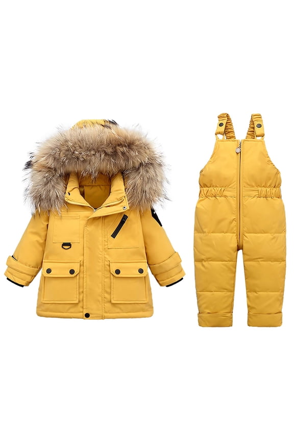 Toddler Boys Girls Winter Down Jacket Baby Thickened Down Jacket Strap Pants Two-piece Suit Yellow 3-4 Years