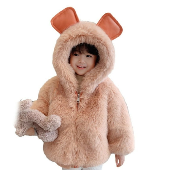 Odeerbi Toddler Boys Girls Winter Faux Furrry Coat Winter Fleece Lined Thick Down Coats Puffy Cotton Plush Hooded Jackets Pink 5-6 Years
