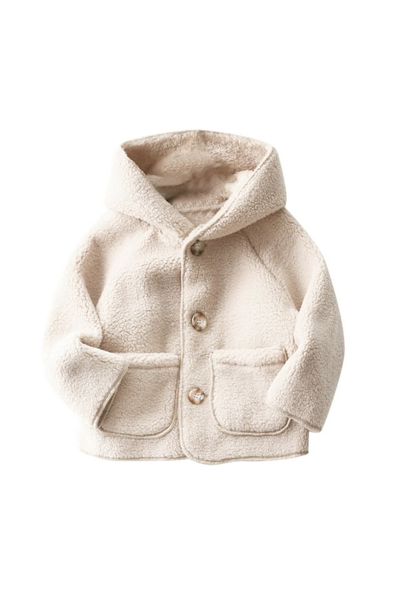 Toddler Boys Girls Winter Fleece Coat 2025 Fashion Solid Color Cute Plush Thickening Keep Warm Button Hooded Coat White 18-24 Months