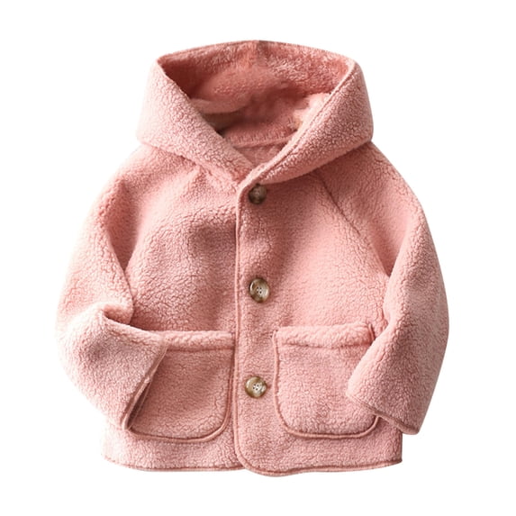 Odeerbi Toddler Boys Girls Winter Fleece Coat Fashion Solid Color Cute Plush Thickening Keep Warm Button Hooded Coat Pink 3-4 Years