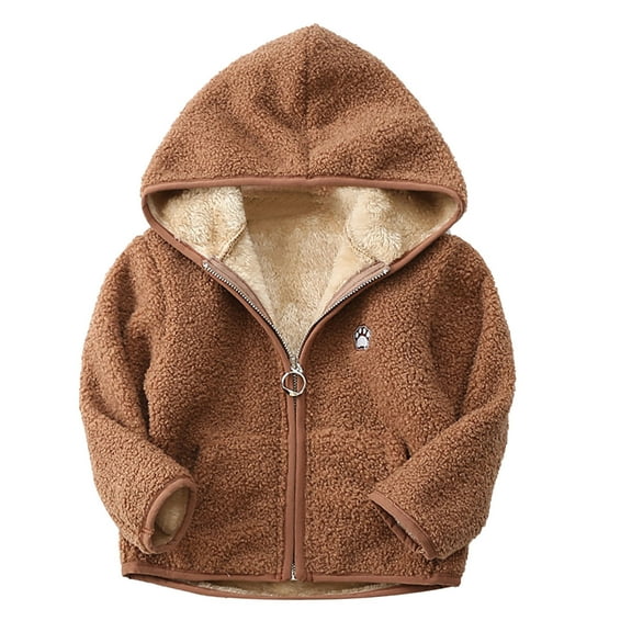 Odeerbi Toddler Boys Girls Winter Fleece Lined Jacket 2025 Fashion Solid Color Cute Keep Warm Plush Thickening Zipper Hoodie Coat Brown 12-18 Months