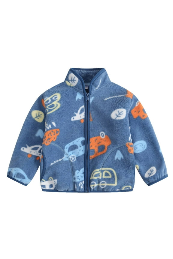 Toddler Boys Girls Winter Fleece Lined Jacket Baby Infant Keep Warm Coat 2025 Long Sleeve Tops Printing Zipper Jacket Clothes Blue 1-2 Years