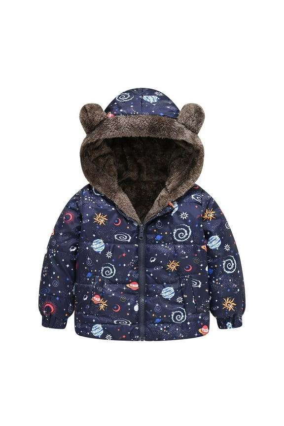 Toddler Boys Girls Winter Fleece Lined Jacket Toddler Baby Cute Flower Print Jacket 2025 Casual Plush Thick Keep Warm Hooded Coat Blue 12-18 Months