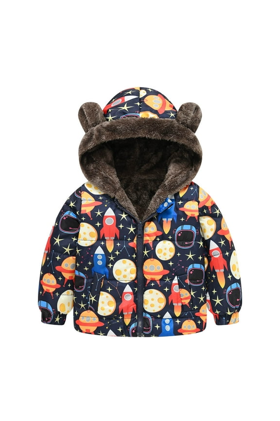 Toddler Boys Girls Winter Fleece Lined Jacket Toddler Baby Spacecraft Print Plush Jacket Cute Winter Thick 2025 Casual Keep Warm Hooded Coat Multicolor 2-3 Years