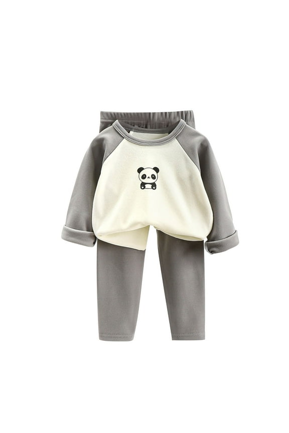 Toddler Boys Girls Winter Fleece Pajamas Plush Thermal Warm Sleepwear Baby Kids Cartoon Print Long Sleeve Thickening 2 Piece Loungewear Set Home Wear Clothes PJs Suit Gray