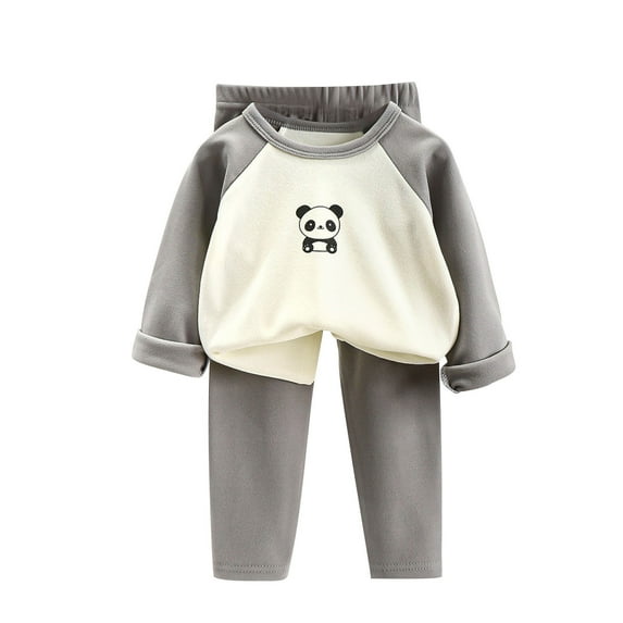 Odeerbi Toddler Boys Girls Winter Fleece Pajamas Plush Thermal Warm Sleepwear Baby Kids Cartoon Print Long Sleeve Thickening 2 Piece Loungewear Set Home Wear Clothes PJs Suit Gray