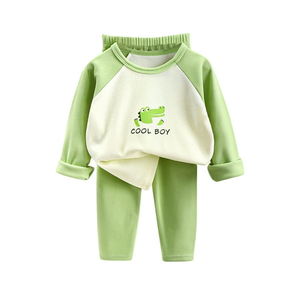 Odeerbi Toddler Boys Girls Winter Fleece Pajamas Plush Thermal Warm Sleepwear Baby Kids Cartoon Print Thickening 2 Piece Loungewear Set Long Sleeve Home Wear Clothes PJs Suit Green