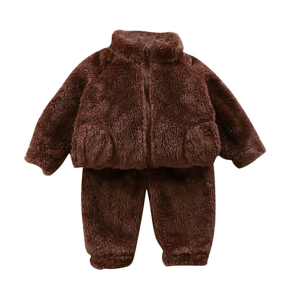 Odeerbi Toddler Boys Girls Winter Fleece Pajamas Plush Thermal Warm Sleepwear Children's Solid Color Flannel 2 Piece Loungewear Set Thick Home Clothes PJs Set Brown