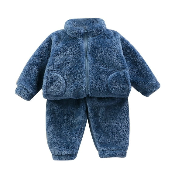 Odeerbi Toddler Boys Girls Winter Fleece Pajamas Plush Thermal Warm Sleepwear Children's Solid Color Flannel 2 Piece Loungewear Set Thick Home Clothes PJs Set Blue