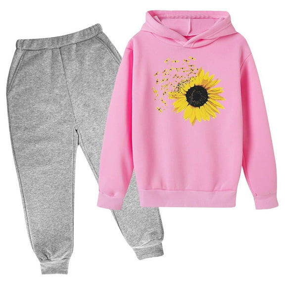 Odeerbi Toddler Boys Girls Winter Outfits Cartoon Print Sweatsuits Children Fashion Casual Long Sleeve Sunflower Print Hoodies Sweatpants Tracksuit Set Pink