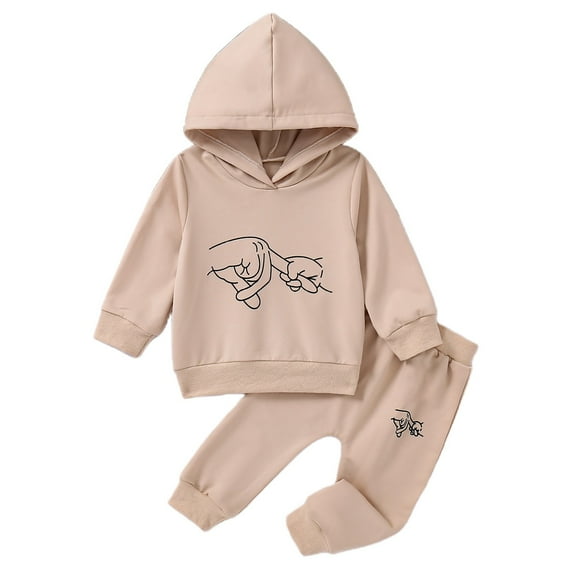 Odeerbi Toddler Boys Girls Winter Outfits Cartoon Print Sweatsuits Printed Long Sleeve Hooded Sweatshirt Long Sweatpants Two-Piece Tracksuit Set Khaki
