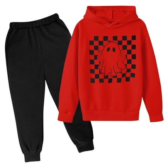 Odeerbi Toddler Boys Girls Winter Outfits Halloween Ghost Sweatsuits Fashion Children Casual Tracksuit Long Sleeve Halloween Print Hoodies Sweatpants Set Red