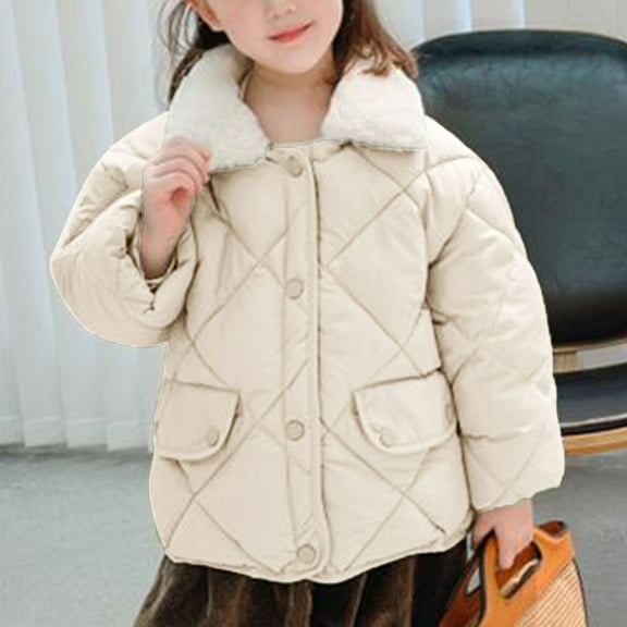 Odeerbi Toddler Boys Girls Winter Padded Coat Children's Winter Cotton Clothing Wool Collar Thickened Warm Jacket Beige 2-3 Years
