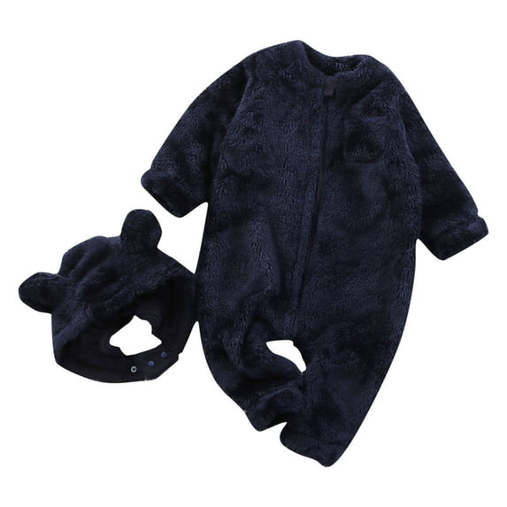 Odeerbi Toddler Boys Girls Winter Warm Flannel Romper Jumpsuit Fleece Baby Clothes Toddler Baby Long Sleeve Solid Color Thermal Warm Onesie Round Neck Bodysuit Navy