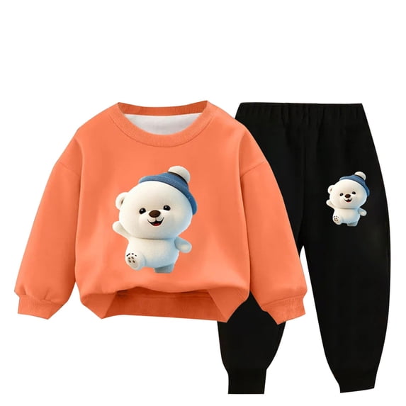 Odeerbi Toddler Boys Girls Winter Warm Fleece Sweatsuits Two Piece Outfits Set Cartoon Printed Sweatshirt Jogger Pants Tracksuit Set Plush Loose Pullover Sweater Casual Hoodie Orange