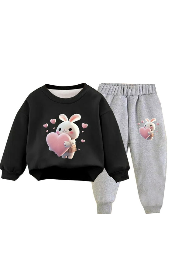 Toddler Boys Girls Winter Warm Fleece Sweatsuits Two Piece Outfits Set Cartoon Printed Sweatshirt Jogger Pants Tracksuit Set Plush Loose Pullover Sweater Casual Hoodie Black