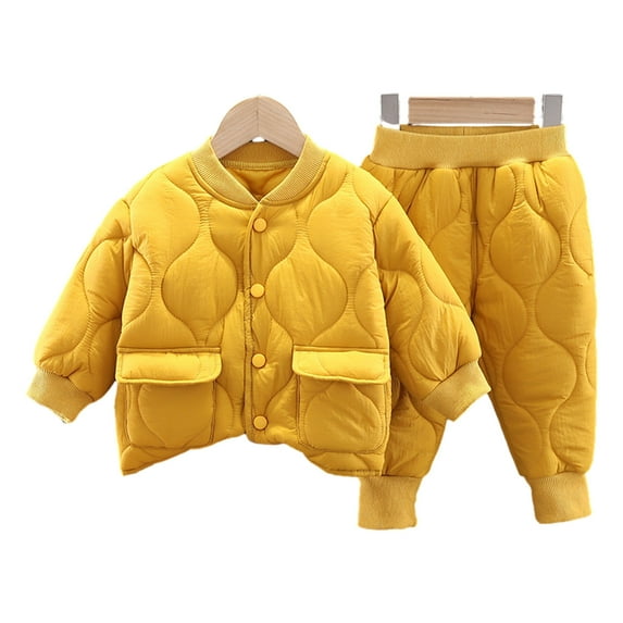 Odeerbi Toddler Boys Quilted Padded Coat Outfits Fall Winter Cotton Clothes Suit Thermal Lightweight Two-piece Set Children's Clothes Yellow 1-2 Years