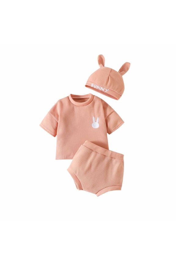 Toddler Bunny Outfit Baby Boys Girls Easter Lovely Embroidered Outfit Candy Color T-shirt Shorts Hat Suit Pink