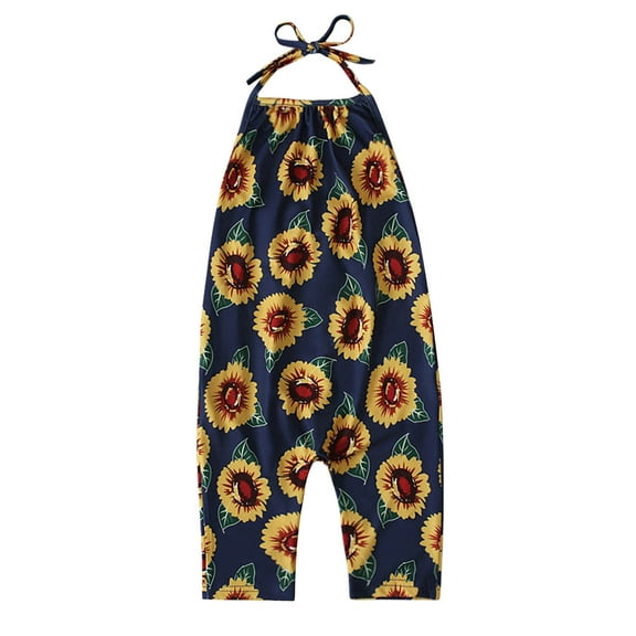 Odeerbi Toddler Cute Floral One Piece Romper Kids Boys Girls Summer 2025 Fashion Flower Print Lacing Jumpsuit Navy