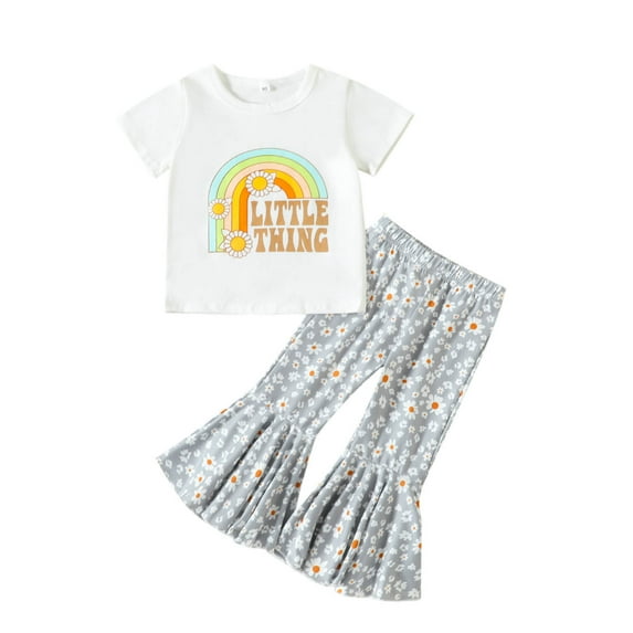 Odeerbi Toddler Cute Outfits Bell Bottom Pants Kids Baby Girls Fashion Sweet Flower Print Ruffles Flared Pants Hairband Suit White