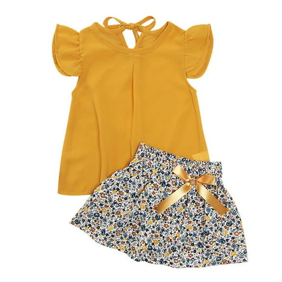Odeerbi Toddler Dress Girls Floral Dress Ruffle Sleeve Dress Kids Bow Skirt Tops 2PC Baby Clothes Outfits Sets Yellow