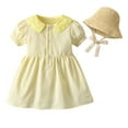 thumbnail image 1 of Odeerbi Toddler Dress Girls Princess Dresses Cotton Dress Kids Summer Solid Color Puff Sleeve Dress with Hat Suit Baby Clothes Beige, 1 of 7