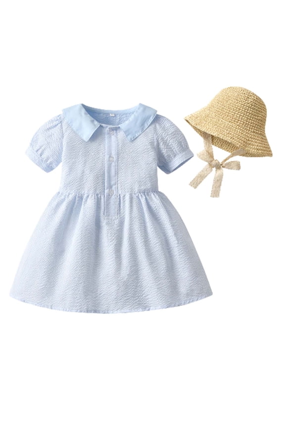 Toddler Dress Girls Princess Dresses Cotton Dress Kids Summer Solid Color Puff Sleeve Dress with Hat Suit Baby Clothes Light Blue