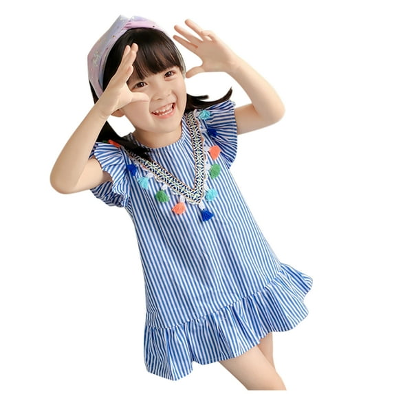 Odeerbi Toddler Dress Girls Princess Dresses Ruffle Sleeve Tassels Stripe Print Dress Outfits Baby Clothes Blue