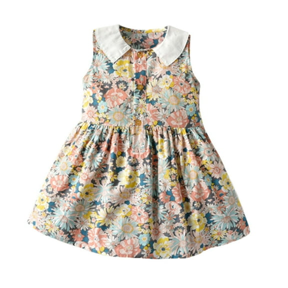 Odeerbi Toddler Dress Girls Princess Dresses Summer Tank Dress Kids Retro Print Sleeveless Dress Baby Clothes Beige