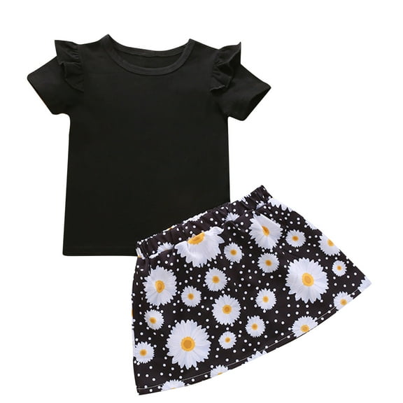 Odeerbi Toddler Dress Girls Sunflower Dress Ruffle Sleeve Top Daisy Skirt Headband Set Baby Clothes Black