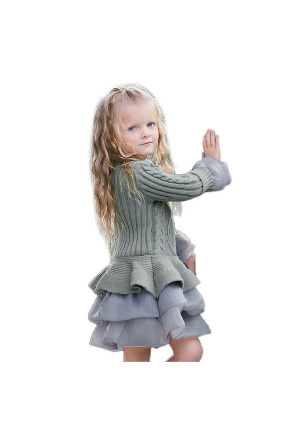 Toddler Dress Girls Winter Sweater Dress 2025 Long Sleeve Princess Dresses Baby Clothes Kids Tulle Knitted Crochet Dress Beige