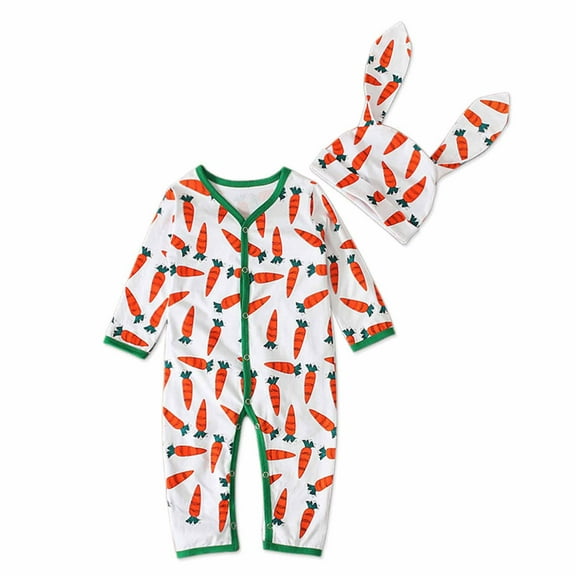 Odeerbi Toddler Floral Romper Easter Baby Girls 2025 Long Sleeve Carrot Print Jumpsuit with Ear Cap Two-piece Set White