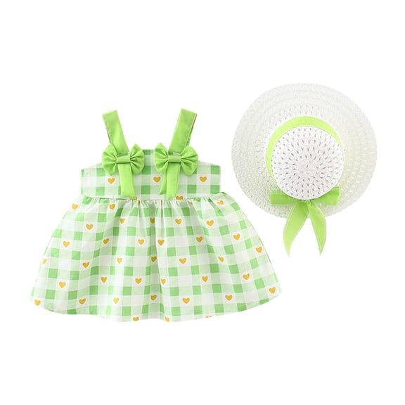 Odeerbi Toddler Girl Summer Beach Dress with Sun Hat Baby Bow Flower Print Suspender Dress Hat Suit Green