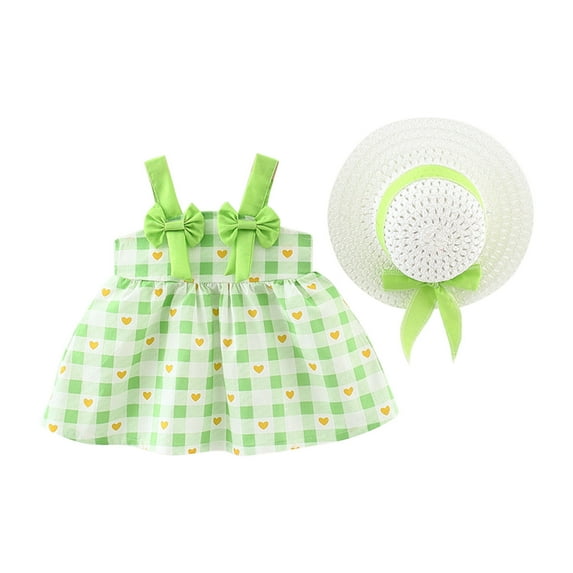 Odeerbi Toddler Girl Summer Beach Dress with Sun Hat Baby Bow Flower Print Suspender Dress Hat Suit Green