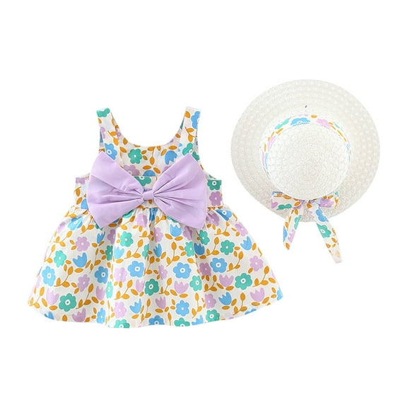 Odeerbi Toddler Girl Summer Beach Dress with Sun Hat Baby Bow Flower Print Suspender Dress Hat Suit Purple