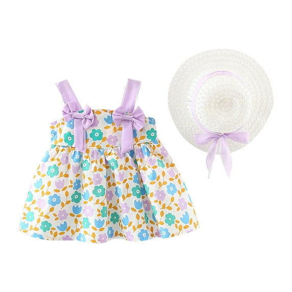 Odeerbi Toddler Girl Summer Beach Dress with Sun Hat Baby Bow Flower Print Suspender Dress Hat Suit Purple