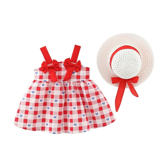 Odeerbi Toddler Girl Summer Beach Dress with Sun Hat Baby Bow Flower Print Suspender Dress Hat Suit Red