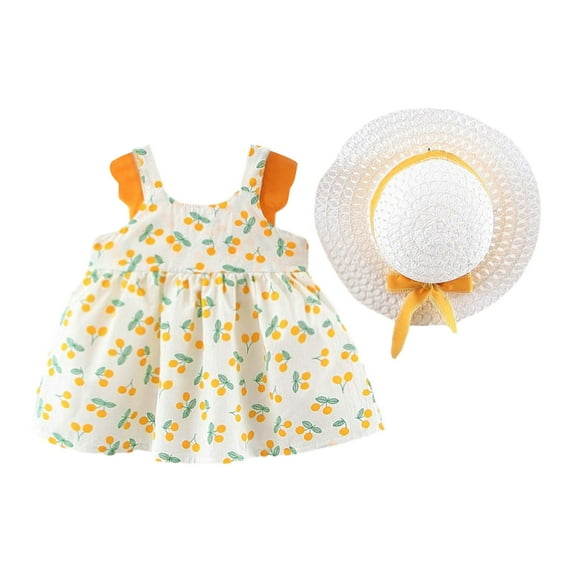 Odeerbi Toddler Girl Summer Beach Dress with Sun Hat Child Baby Solid Color Print Suspender Dress Hat Suit Yellow