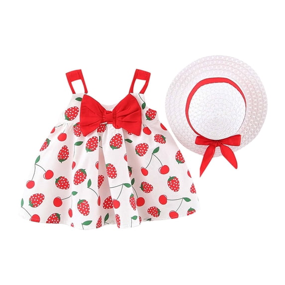 Odeerbi Toddler Girl Summer Beach Dress with Sun Hat Kids Baby Bow Print Suspender Dress Hat Suit Red