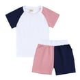 thumbnail image 1 of Odeerbi Toddler Girls 2 Piece Outfits Color Block Cotton T-shirt Shorts Set Summer Clothes Solid Color Threaded Round Neck Short Sleeve Shorts Two-Piece Set Navy, 1 of 4