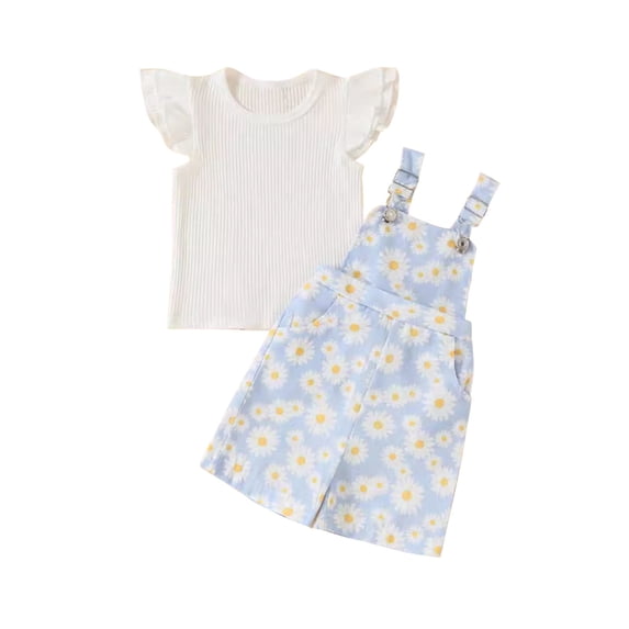 Odeerbi Infant Girls 2 Piece Outfits Cotton Ruffle Sleeve Tops Overalls Set Summer Chrysanthemum Print Set
