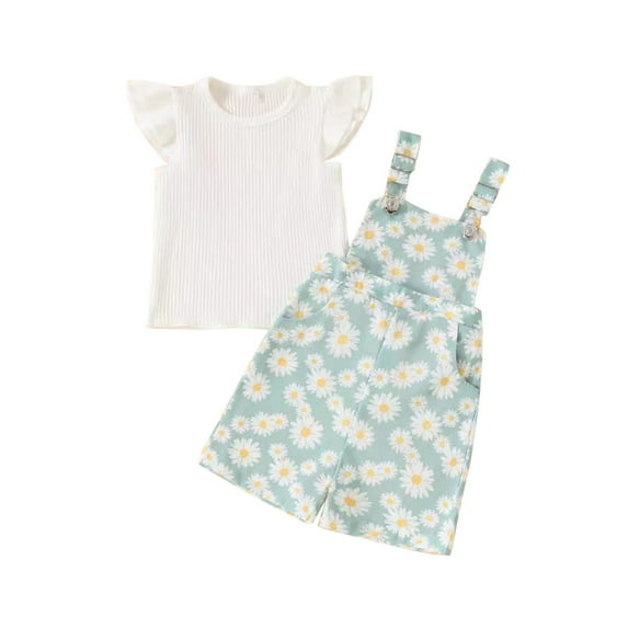 Odeerbi Toddler Girls 2 Piece Outfits Cotton Ruffle Sleeve Tops Overalls Set Summer Clothes Chrysanthemum Print Flying Sleeve T-shirt Baby Backpack Pants Set Green
