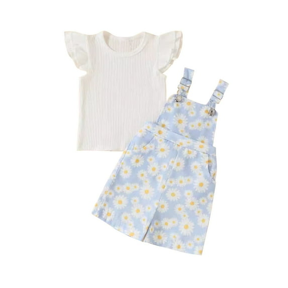Odeerbi Toddler Girls 2 Piece Outfits Cotton Ruffle Sleeve Tops Overalls Set Summer Clothes Chrysanthemum Print Flying Sleeve T-shirt Baby Backpack Pants Set Light Blue