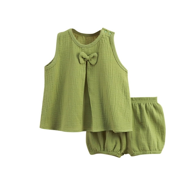 Odeerbi Toddler Girls 2 Piece Outfits Cotton Tank Tops Shorts Set Summer Clothes Solid Color Gauze Set Double-layer Breathable Two-piece Set Round Neck Bow Blouse Pants Set Green