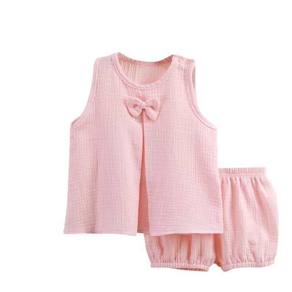 Odeerbi Toddler Girls 2 Piece Outfits Cotton Tank Tops Shorts Set Summer Clothes Solid Color Gauze Set Double-layer Breathable Two-piece Set Round Neck Bow Blouse Pants Set Pink