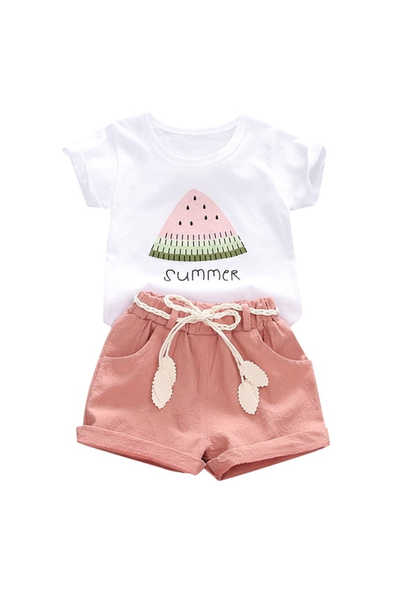 Toddler Girls 2 Piece Outfits Cute Cotton Shorts Set Summer Clothes Fashion Casual Round Neck Collar Botton Short Sleeve Tops Watermelon Printed Shorts Sets Pink