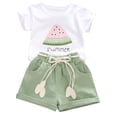 thumbnail image 1 of Odeerbi Toddler Girls 2 Piece Outfits Cute Cotton Shorts Set Summer Clothes Fashion Casual Round Neck Collar Botton Short Sleeve Tops Watermelon Printed Shorts Sets Green, 1 of 8