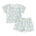 thumbnail image 1 of Odeerbi Toddler Girls 2 Piece Outfits Floral Summer Clothes Rib Knit Lettuce Trim Shorts Set Child Casual Short Sleeve Tops Lapel Collar Botton Printed Shirt Shorts Sets Light Blue, 1 of 2